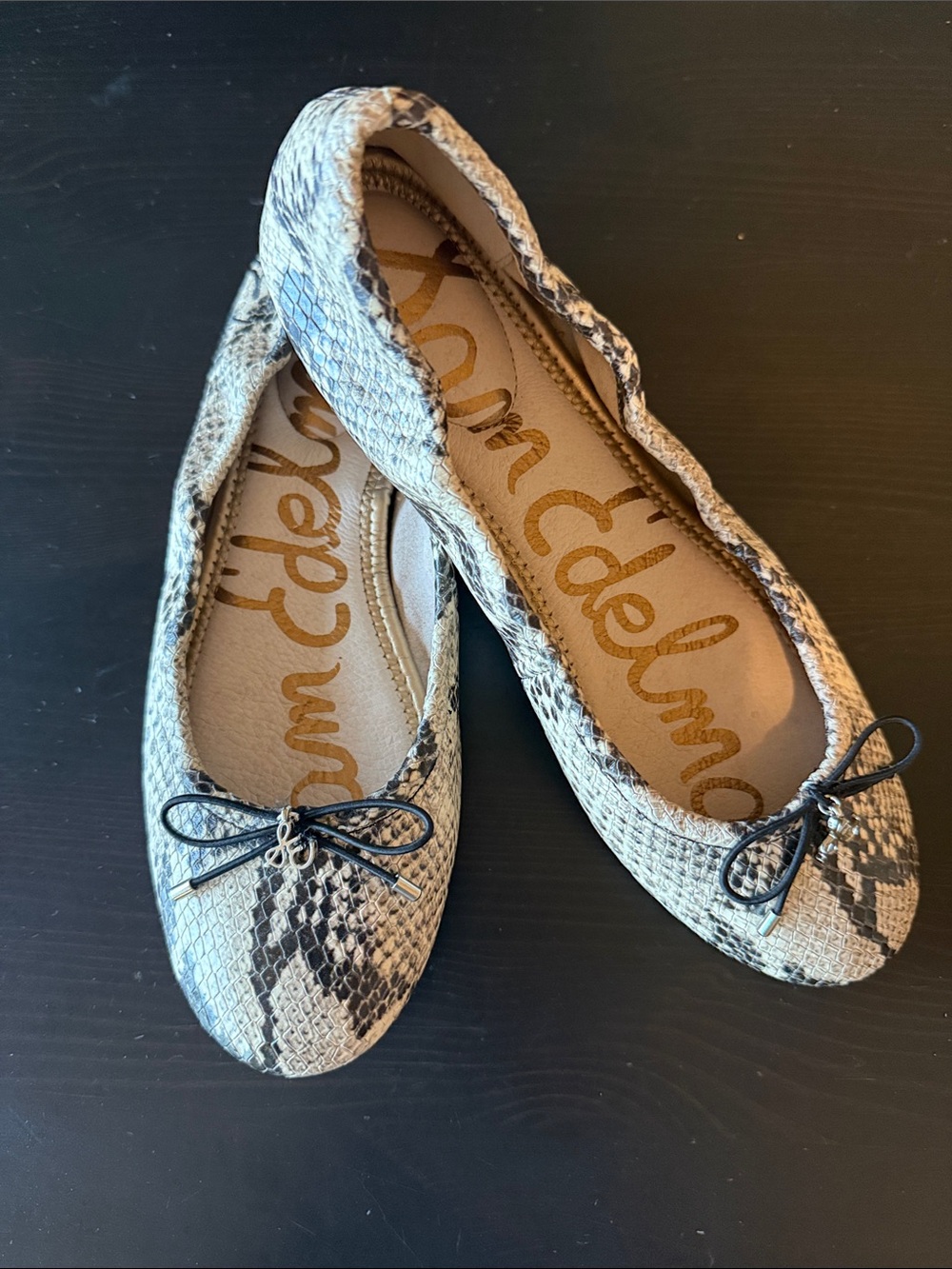 Sam Edelman Snake-Print Ballet Flats in Beige and Black. Size 7